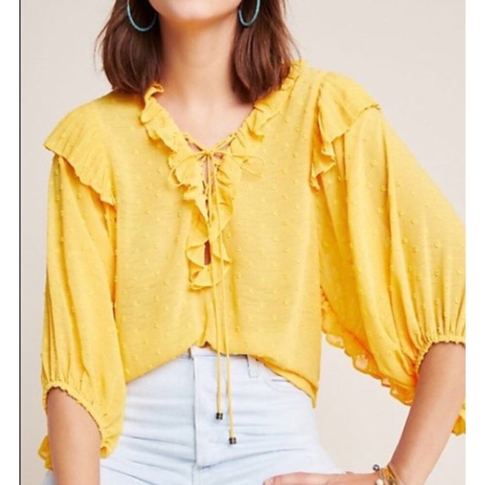 Anthropologie Haida Swiss Dot Peasant Ballon Sleeve Sheer Blouse‎ Size Medium